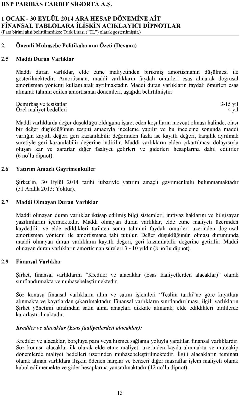 Amortisman, maddi varlıkların faydalı ömürleri esas alınarak doğrusal amortisman yöntemi kullanılarak ayrılmaktadır.