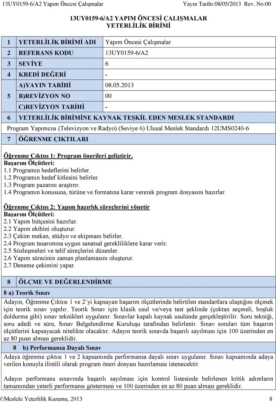 2013 5 B)REVĠZYON NO 00 C)REVĠZYON TARĠHĠ - 6 YETERLĠLĠK BĠRĠMĠNE KAYNAK TEġKĠL EDEN MESLEK STANDARDI Program Yapımcısı (Televizyon ve Radyo) (Seviye 6) Ulusal Meslek Standardı 12UMS0240-6 7 ÖĞRENME