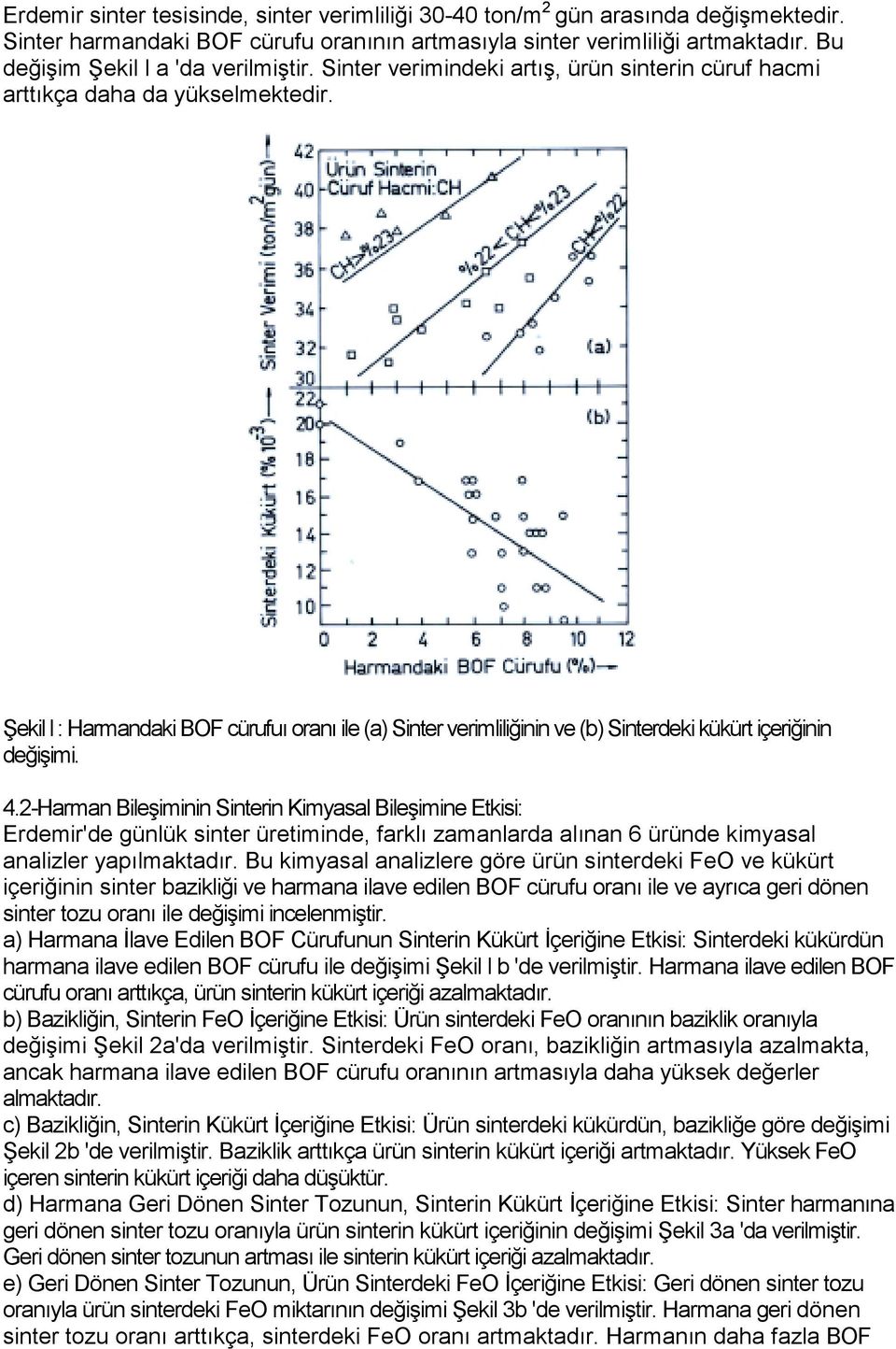 Şekil l : Harmandaki BOF cürufuı oranı ile (a) Sinter verimliliğinin ve (b) Sinterdeki kükürt içeriğinin değişimi. 4.