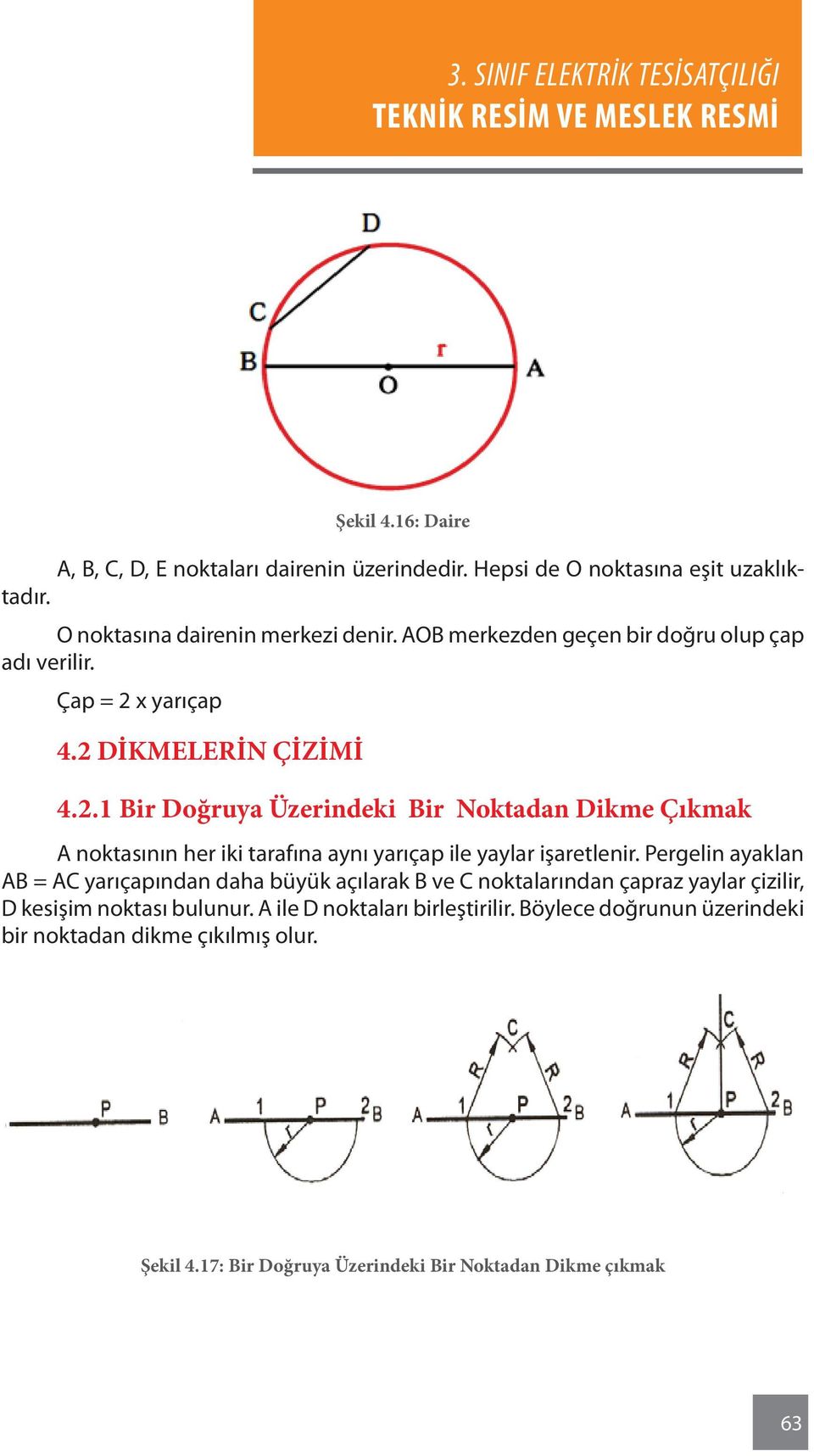 x yarıçap 4.2 DİKMELERİN ÇİZİMİ 4.2.1 Bir Doğruya Üzerindeki Bir Noktadan Dikme çıkmak A noktasının her iki tarafına aynı yarıçap ile yaylar işaretlenir.