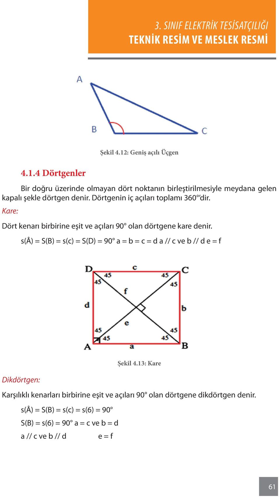 Dörtgenin iç açıları toplamı 360 dir. Kare: Dört kenarı birbirine eşit ve açıları 90 olan dörtgene kare denir.