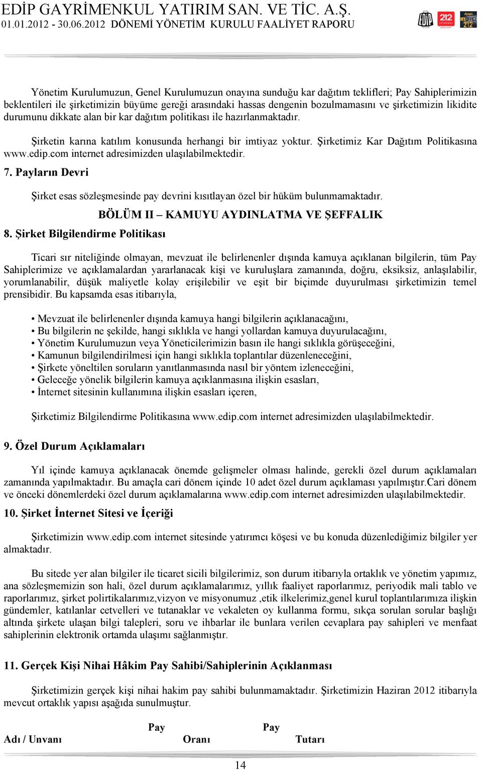 com internet adresimizden ulaşılabilmektedir. 7. Payların Devri Şirket esas sözleşmesinde pay devrini kısıtlayan özel bir hüküm bulunmamaktadır. 8.