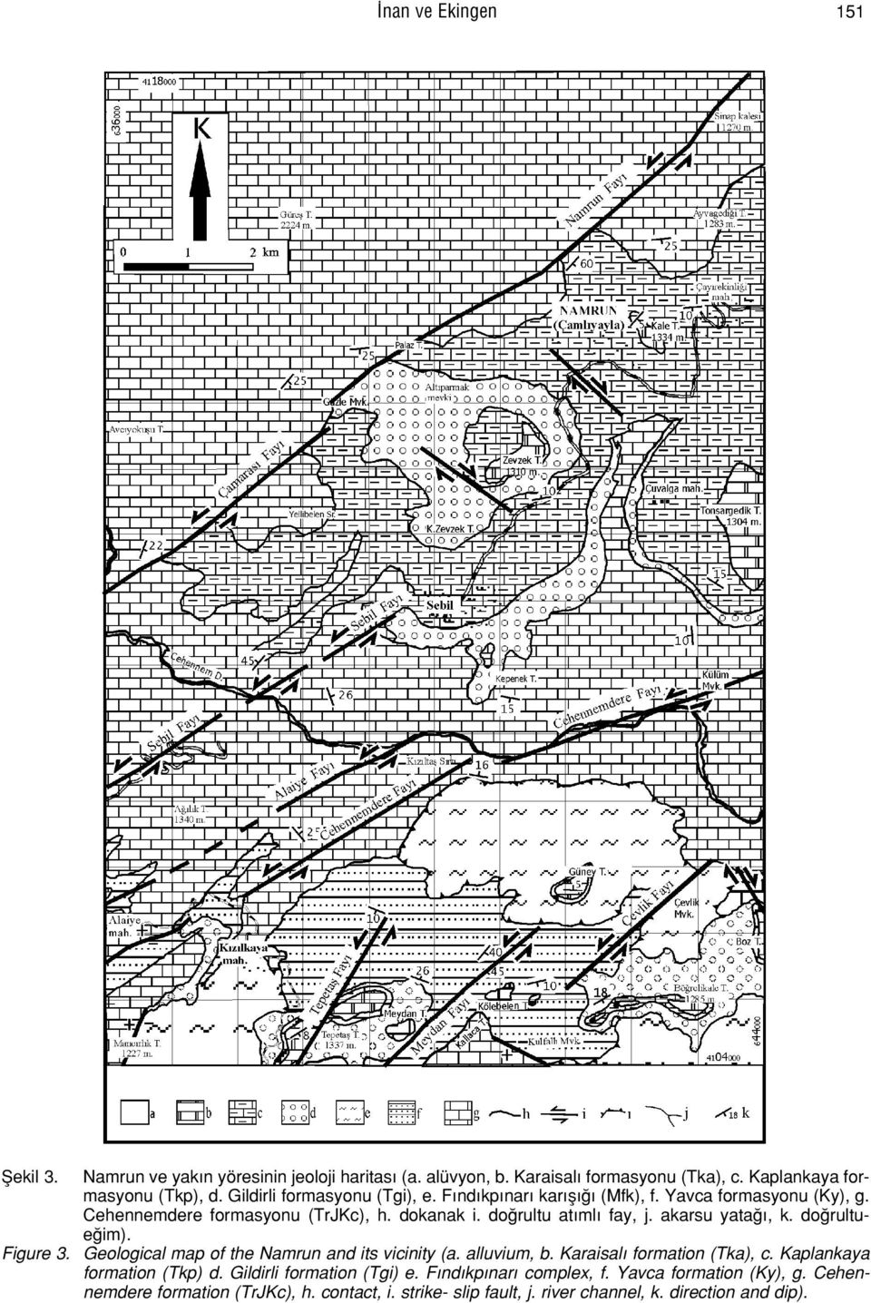 akarsu yata, k. do rultue im). Geological map of the Namrun and its vicinity (a. alluvium, b. Karaisal formation (Tka), c. Kaplankaya formation (Tkp) d.