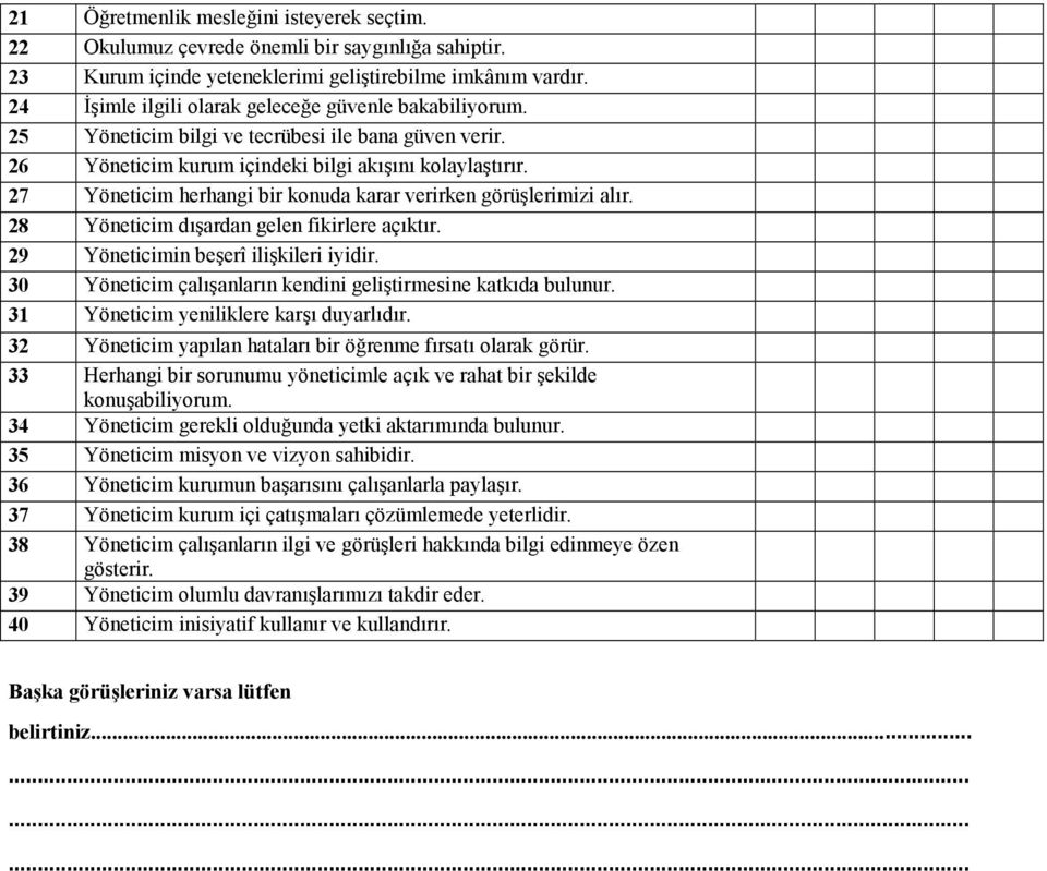 27 Yöneticim herhangi bir konuda karar verirken görülerimizi alr. 28 Yöneticim dardan gelen fikirlere açktr. 29 Yöneticimin beerî ilikileri iyidir.