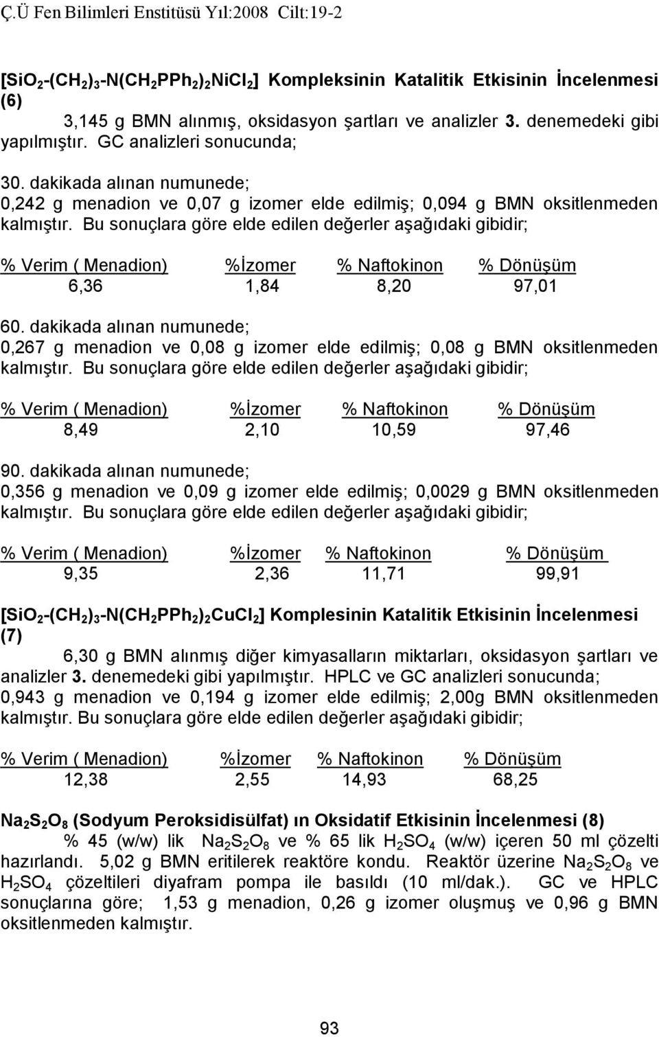 Bu sonuçlara göre elde edilen değerler aşağıdaki gibidir; 6,36 1,84 8,20 97,01 60. dakikada alınan numunede; 0,267 g menadion ve 0,08 g izomer elde edilmiş; 0,08 g BMN oksitlenmeden kalmıştır.