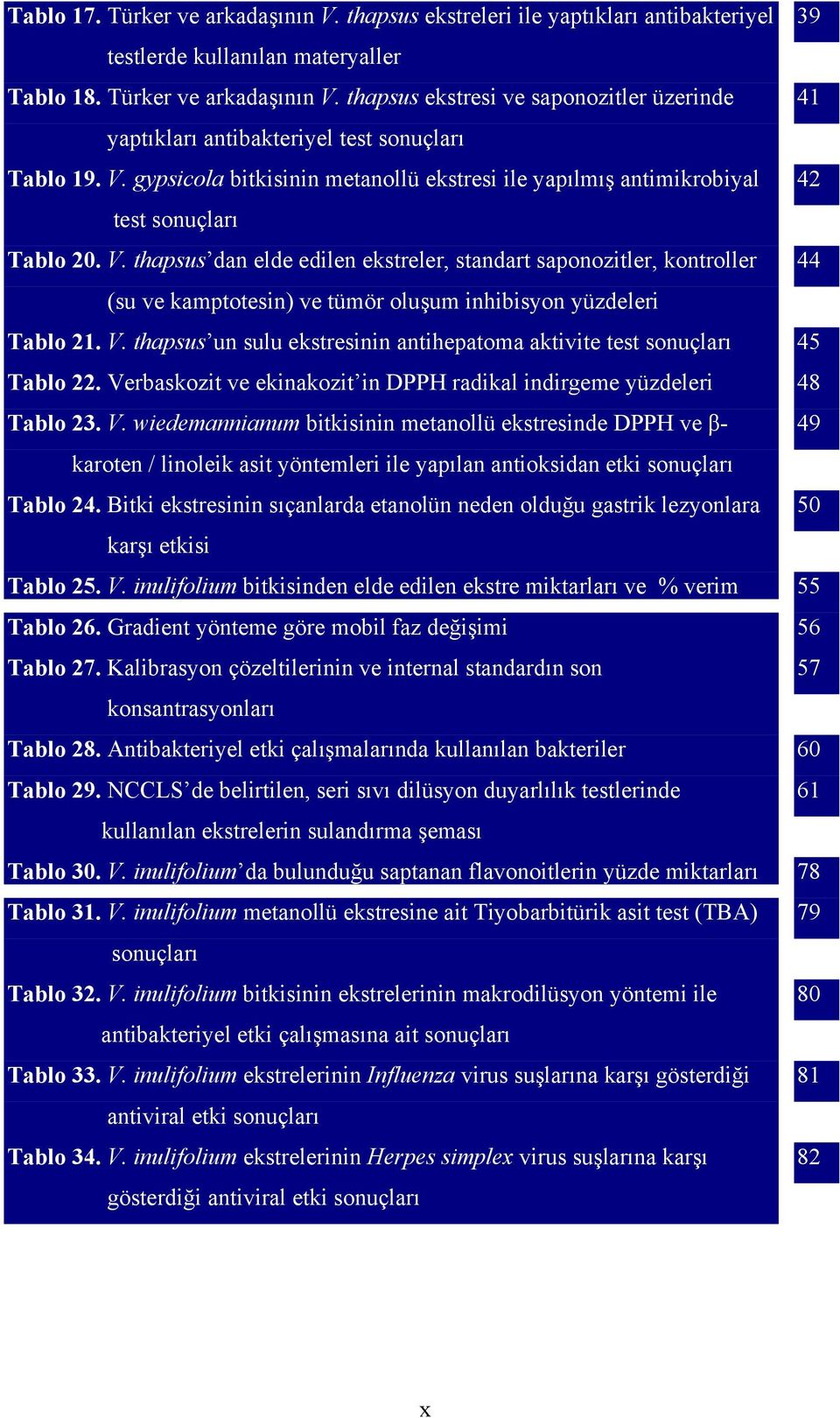 thapsus dan elde edilen ekstreler, standart saponozitler, kontroller 44 (su ve kamptotesin) ve tümör oluşum inhibisyon yüzdeleri Tablo 21. V.