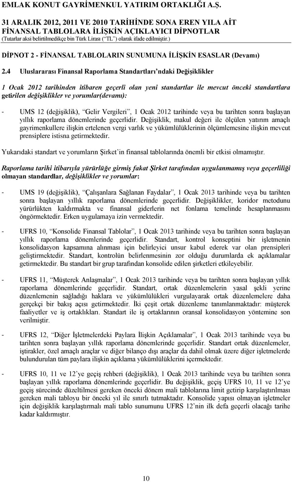 yorumlar(devamı): - UMS 12 (değişiklik), Gelir Vergileri, 1 Ocak 2012 tarihinde veya bu tarihten sonra başlayan yıllık raporlama dönemlerinde geçerlidir.