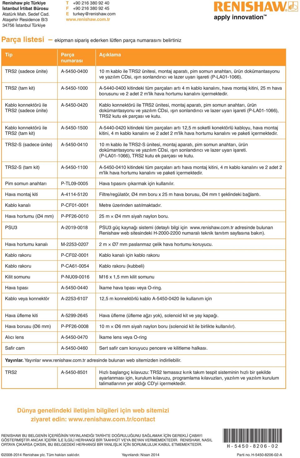 tr Parça listesi ekipman sipariş ederken lütfen parça numarasını belirtiniz Tip Parça numarası Açıklama TRS2 (sadece ünite) A-5450-0400 10 m kablo ile TRS2 ünitesi, montaj aparatı, pim somun