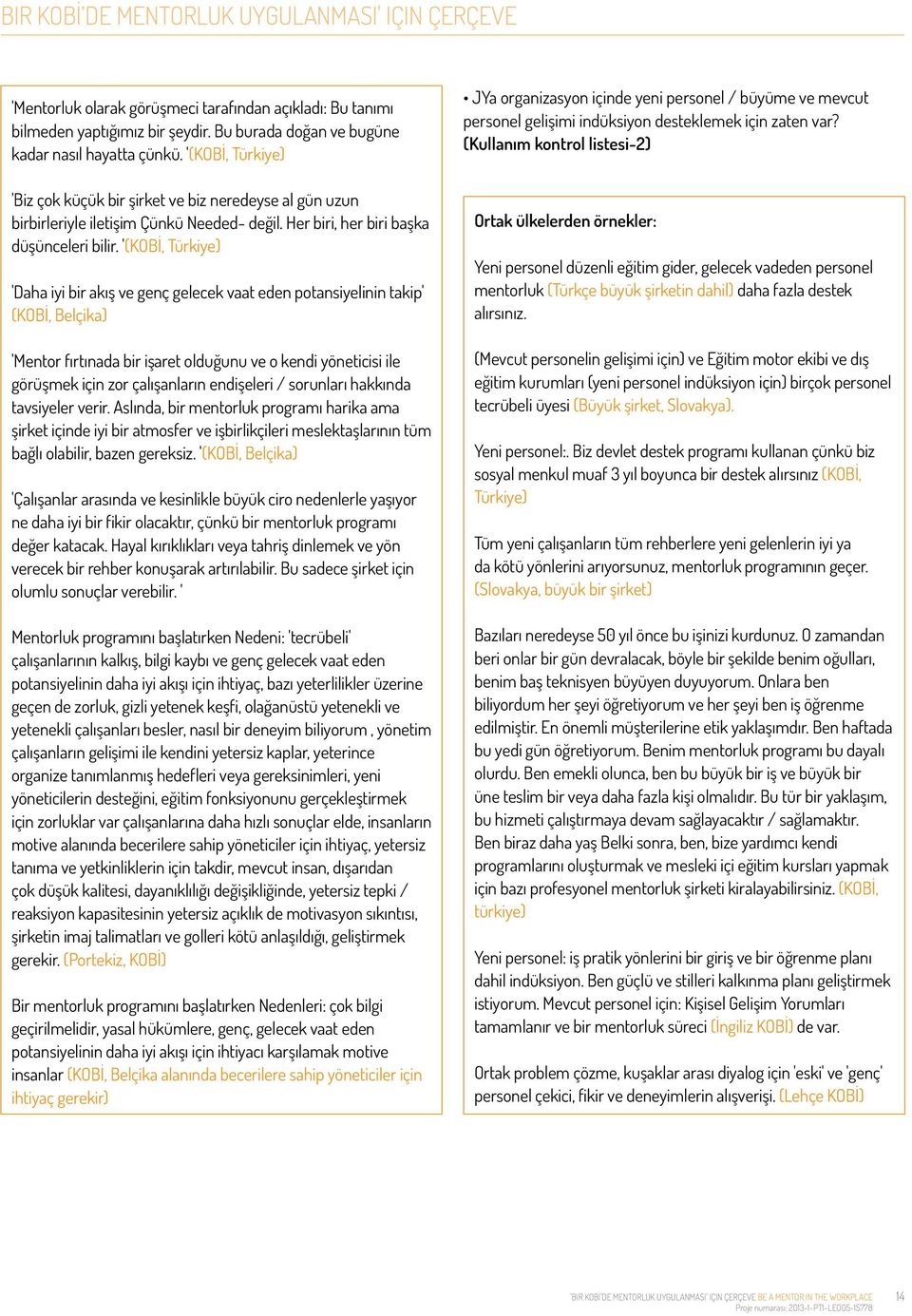 '(KOBİ, Türkiye) 'Daha iyi bir akış ve genç gelecek vaat eden potansiyelinin takip' (KOBİ, Belçika) 'Mentor fırtınada bir işaret olduğunu ve o kendi yöneticisi ile görüşmek için zor çalışanların