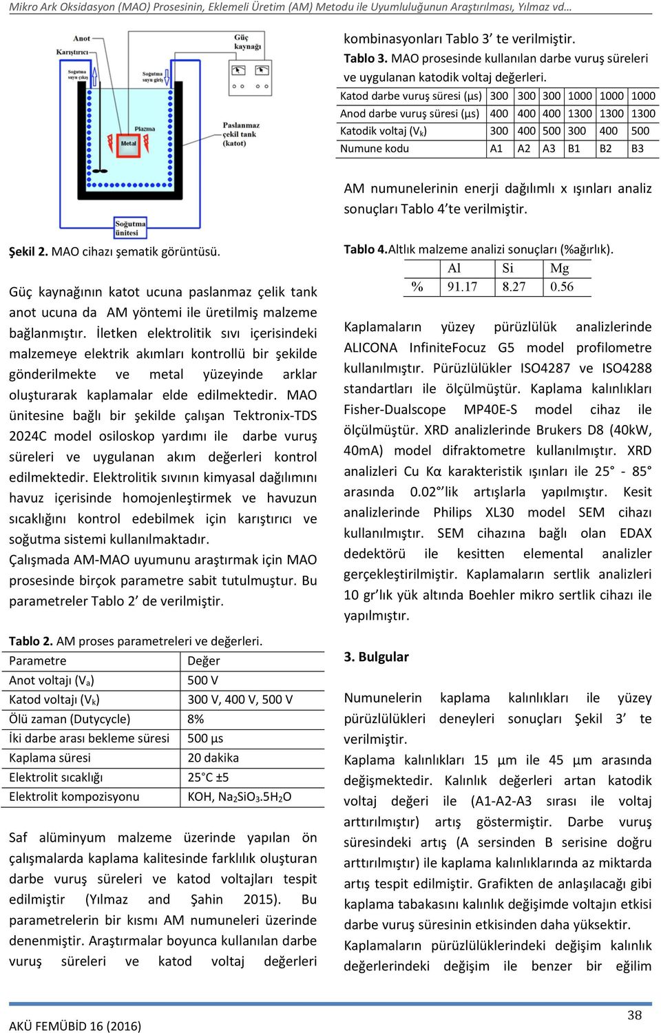 numunelerinin enerji dağılımlı x ışınları analiz sonuçları Tablo 4 te verilmiştir. Şekil 2. MAO cihazı şematik görüntüsü.