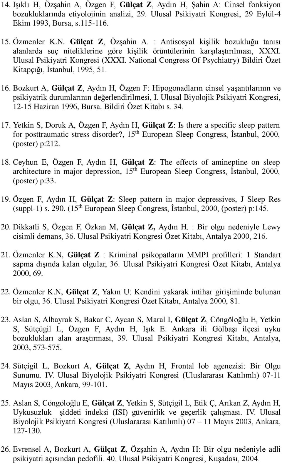 National Congress Of Psychiatry) Bildiri Özet Kitapçığı, İstanbul, 1995, 51. 16.