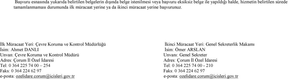 İlk Müracaat Yeri: Çevre Koruma ve Kontrol Müdürlüğü İkinci Müracaat Yeri: Genel Sekreterlik Makamı İsim: Ahmet DANLI İsim: Ömer ARSLAN Unvan: Çevre Koruma ve Kontrol