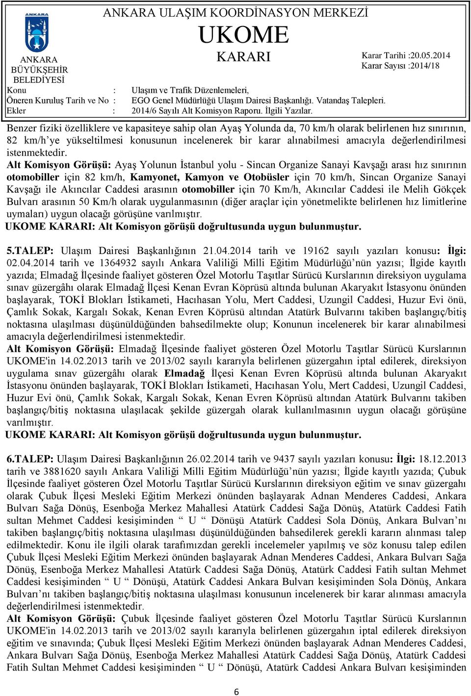 Alt Komisyon Görüşü: Ayaş Yolunun İstanbul yolu - Sincan Organize Sanayi Kavşağı arası hız sınırının otomobiller için 82 km/h, Kamyonet, Kamyon ve Otobüsler için 70 km/h, Sincan Organize Sanayi