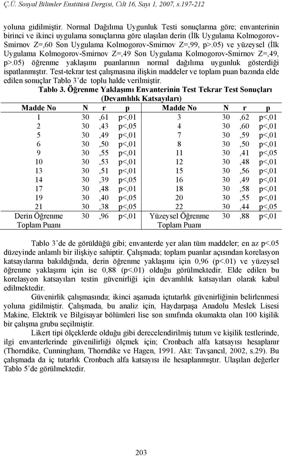 p>.05) ve yüzeysel (İlk Uygulama Kolmogorov-Smirnov Z=,49 Son Uygulama Kolmogorov-Smirnov Z=,49, p>.05) öğrenme yaklaşımı puanlarının normal dağılıma uygunluk gösterdiği ispatlanmıştır.