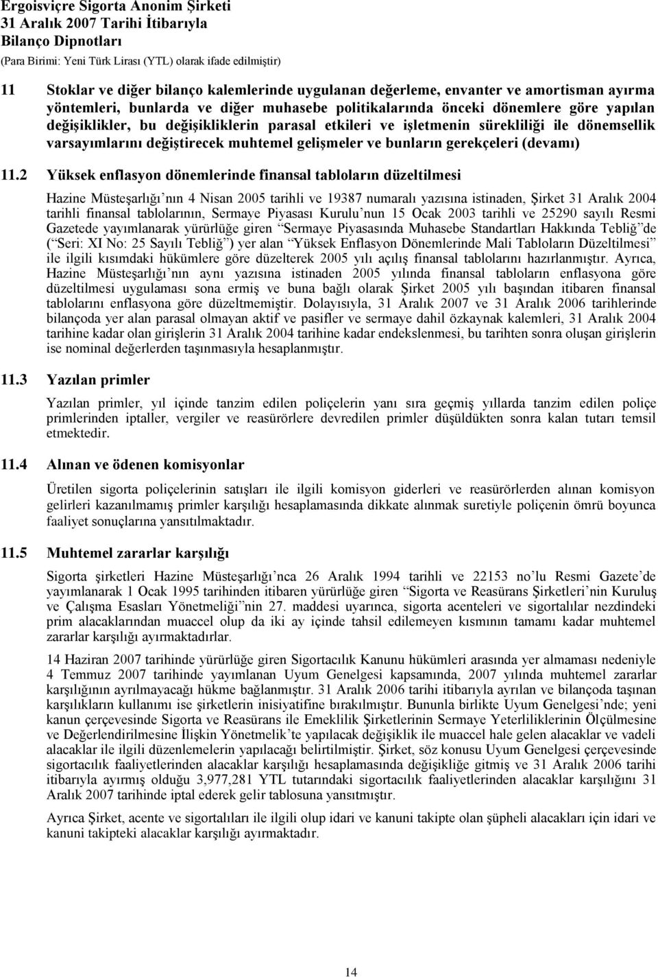 2 Yüksek enflasyon dönemlerinde finansal tabloların düzeltilmesi Hazine MüsteĢarlığı nın 4 Nisan 2005 tarihli ve 19387 numaralı yazısına istinaden, ġirket 31 Aralık 2004 tarihli finansal