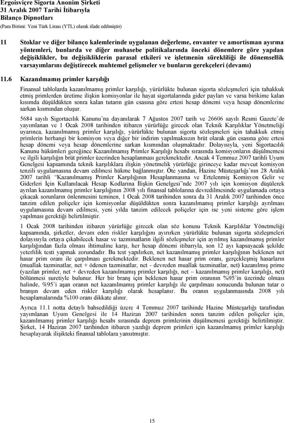 6 KazanılmamıĢ primler karģılığı Finansal tablolarda kazanılmamıģ primler karģılığı, yürürlükte bulunan sigorta sözleģmeleri için tahakkuk etmiģ primlerden üretime iliģkin komisyonlar ile hayat