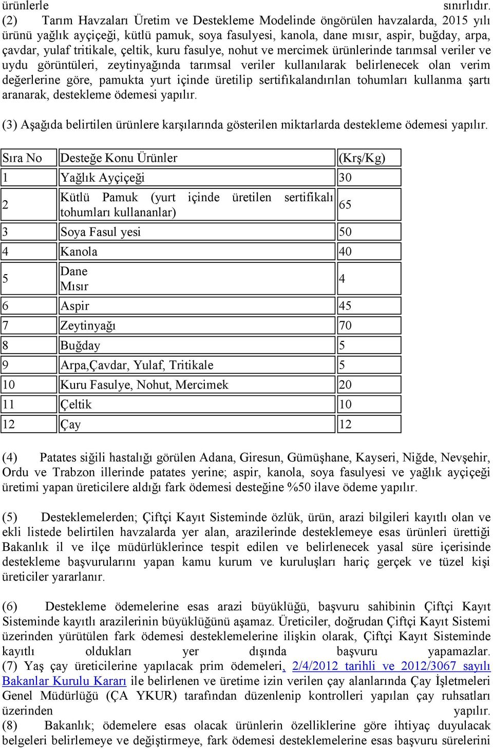 tritikale, çeltik, kuru fasulye, nohut ve mercimek ürünlerinde tarımsal veriler ve uydu görüntüleri, zeytinyağında tarımsal veriler kullanılarak belirlenecek olan verim değerlerine göre, pamukta yurt