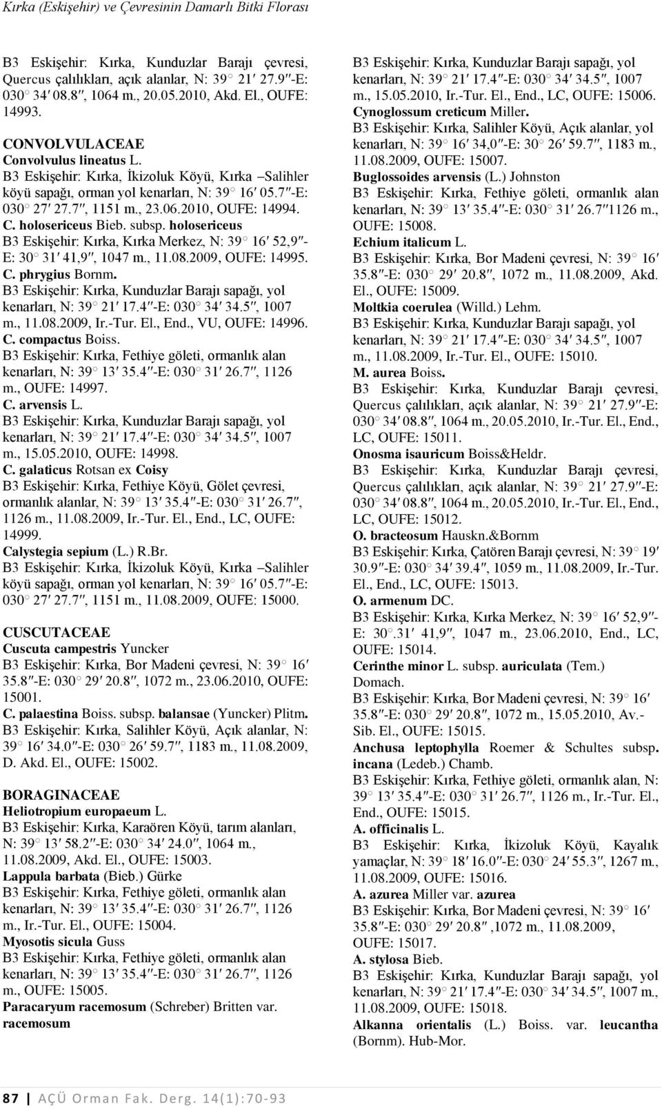 -Tur. El., End., VU, OUFE: 14996. C. compactus Boiss. kenarları, N: 39 13 35.4 -E: 030 31 26.7, 1126 m., OUFE: 14997. C. arvensis L. kenarları, N: 39 21 17.4 -E: 030 34 34.5, 1007 m., 15.05.