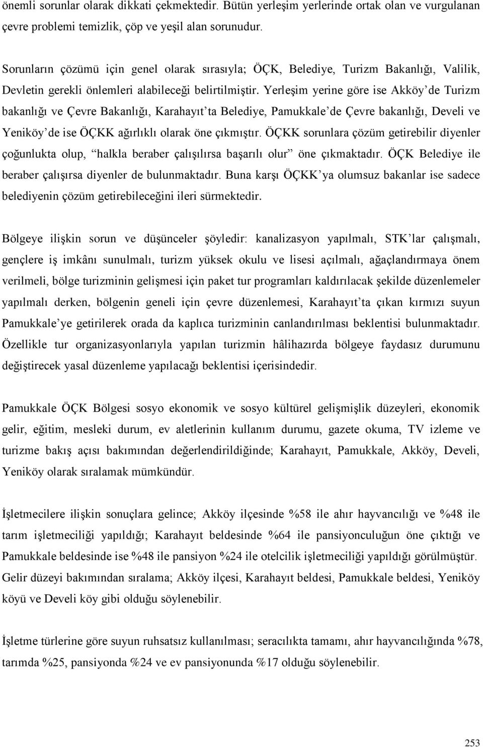 Yerleşim yerine göre ise Akköy de Turizm bakanlığı ve Çevre Bakanlığı, Karahayıt ta Belediye, Pamukkale de Çevre bakanlığı, Develi ve Yeniköy de ise ÖÇKK ağırlıklı olarak öne çıkmıştır.