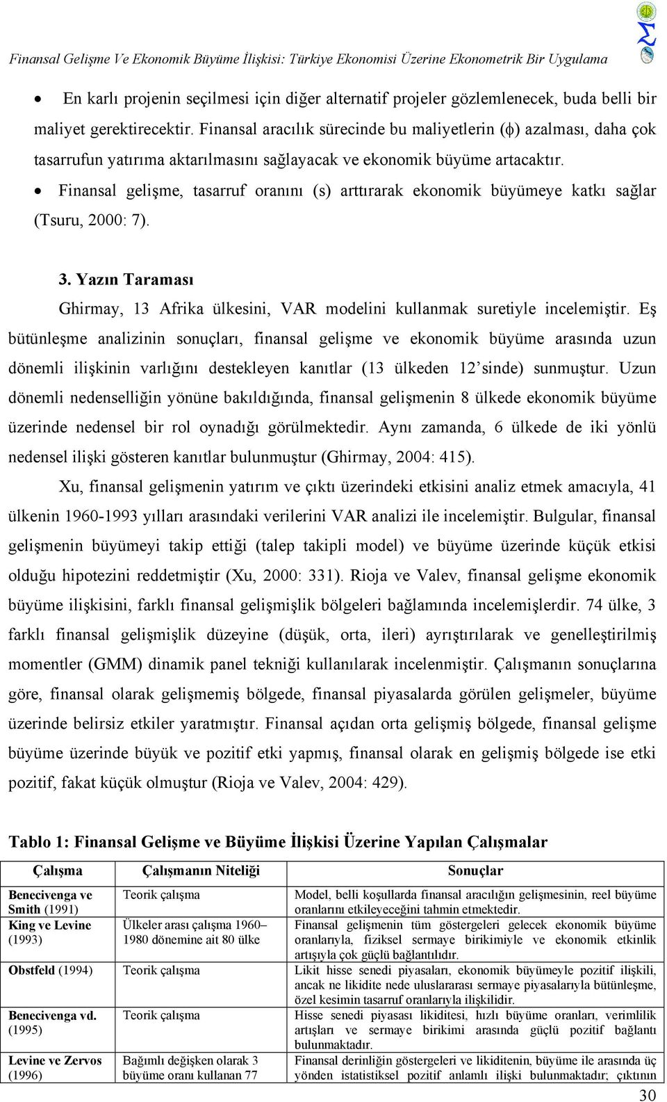 Finansal gelişme, tasarruf oranını (s) arttırarak ekonomik büyümeye katkı sağlar (Tsuru, 2000: 7). 3. Yazın Taraması Ghirmay, 13 Afrika ülkesini, VAR modelini kullanmak suretiyle incelemiştir.