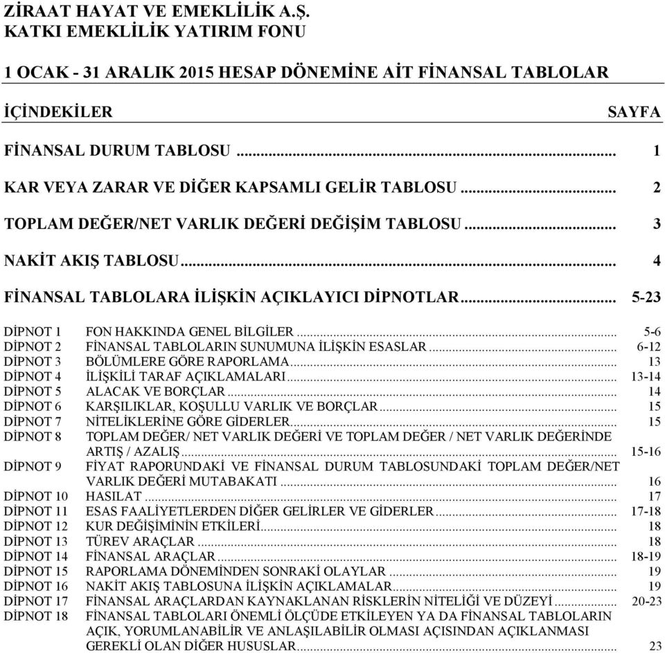 .. 6-12 DİPNOT 3 BÖLÜMLERE GÖRE RAPORLAMA... 13 DİPNOT 4 İLİŞKİLİ TARAF AÇIKLAMALARI... 13-14 DİPNOT 5 ALACAK VE BORÇLAR... 14 DİPNOT 6 KARŞILIKLAR, KOŞULLU VARLIK VE BORÇLAR.