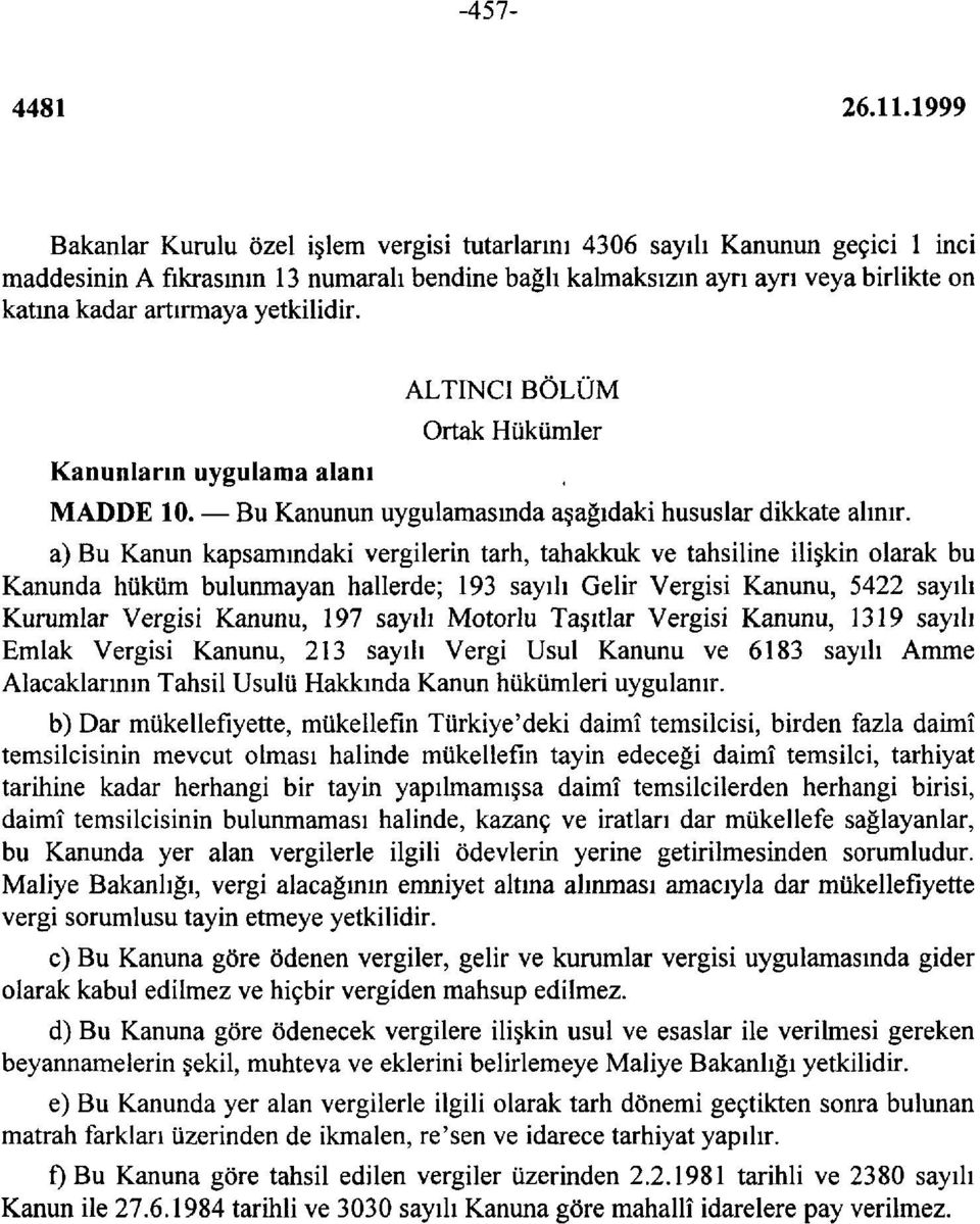 a) Bu Kanun kapsamındaki vergilerin tarh, tahakkuk ve tahsiline ilişkin olarak bu Kanunda hüküm bulunmayan hallerde; 193 sayılı Gelir Vergisi Kanunu, 5422 sayılı Kurumlar Vergisi Kanunu, 197 sayılı