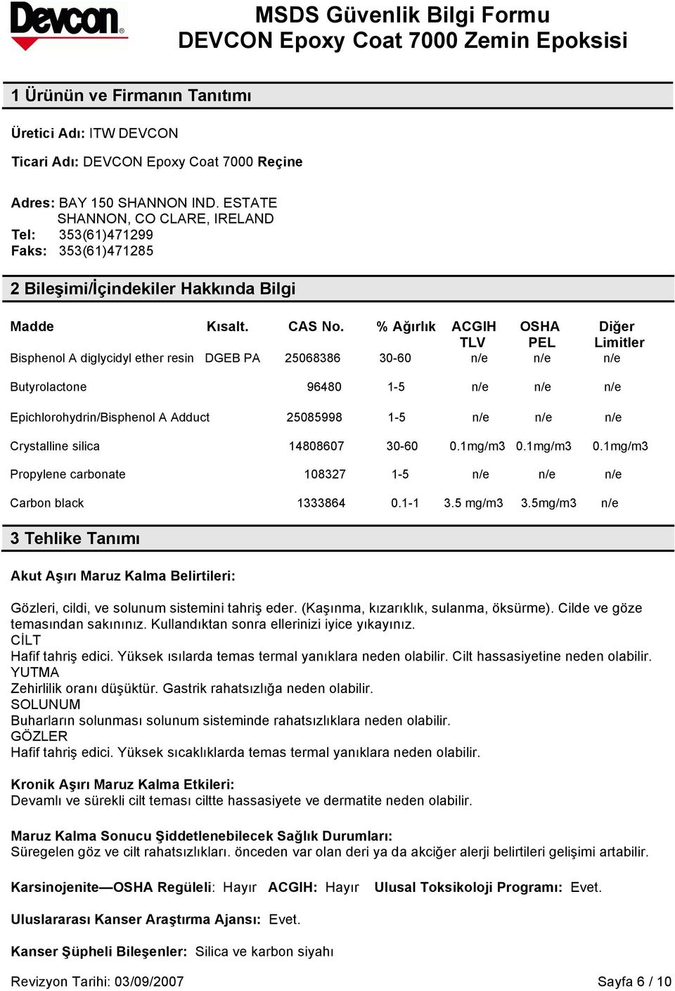 % Ağırlık ACGIH OSHA Diğer TLV PEL Limitler Bisphenol A diglycidyl ether resin DGEB PA 25068386 30-60 n/e n/e n/e Butyrolactone 96480 1-5 n/e n/e n/e Epichlorohydrin/Bisphenol A Adduct 25085998 1-5