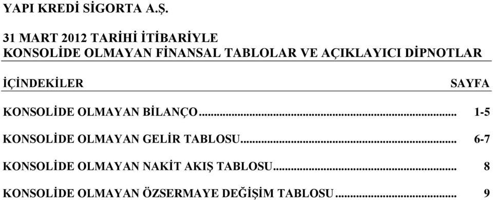 .. 1-5 KONSOLİDE OLMAYAN GELİR TABLOSU.