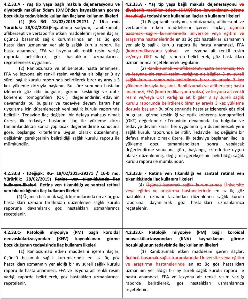 Yürürlük: 28/02/2015)Pegaptanib sodyum, ranibizumab, aflibersept ve vertaporfin etken maddelerini içeren ilaçlar; üçüncü basamak sağlık kurumlarında en az üç göz hastalıkları uzmanının yer aldığı