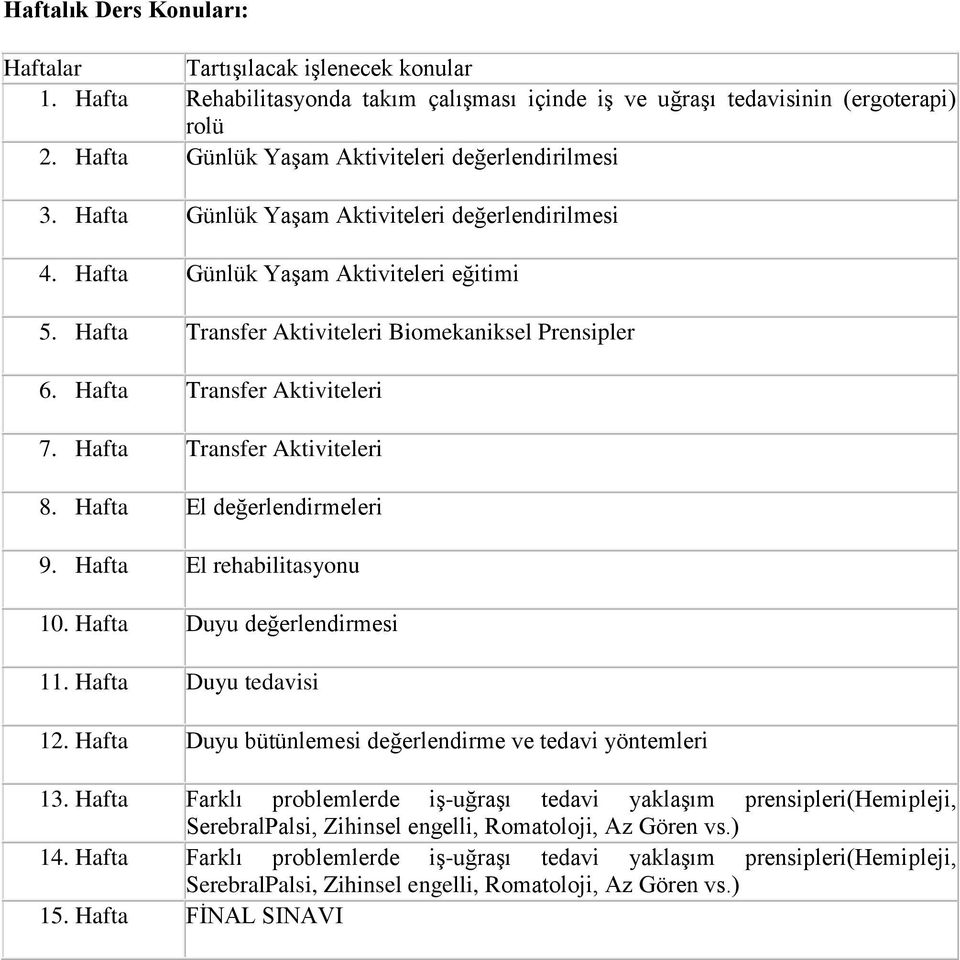 Hafta Transfer Aktiviteleri Biomekaniksel Prensipler 6. Hafta Transfer Aktiviteleri 7. Hafta Transfer Aktiviteleri 8. Hafta El değerlendirmeleri 9. Hafta El rehabilitasyonu 10.