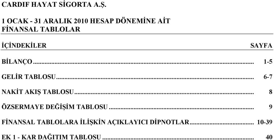 .. 1-5 GELİR TABLOSU... 6-7 NAKİT AKIŞ TABLOSU.