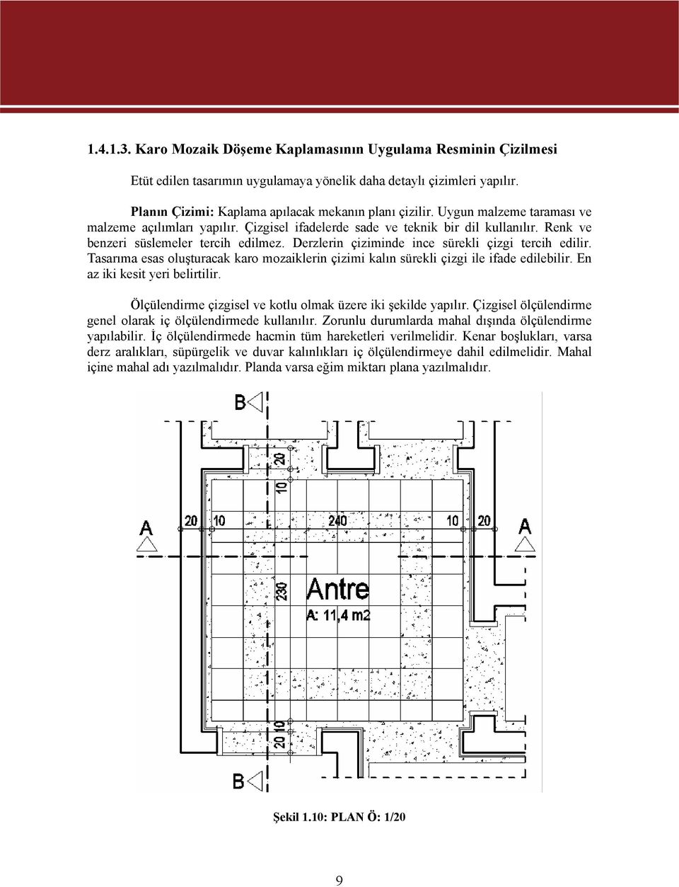 Derzlerin çiziminde ince sürekli çizgi tercih edilir. Tasarıma esas oluşturacak karo mozaiklerin çizimi kalın sürekli çizgi ile ifade edilebilir. En az iki kesit yeri belirtilir.