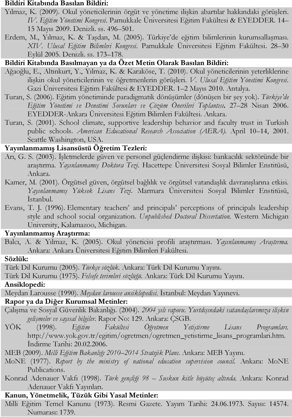 Ulusal Eğitim Bilimleri Kongresi. Pamukkale Üniversitesi Eğitim Fakültesi. 28 30 Eylül 2005. Denizli. ss. 173 178. Bildiri Kitabında Basılmayan ya da Özet Metin Olarak Basılan Bildiri: Ağaoğlu, E.