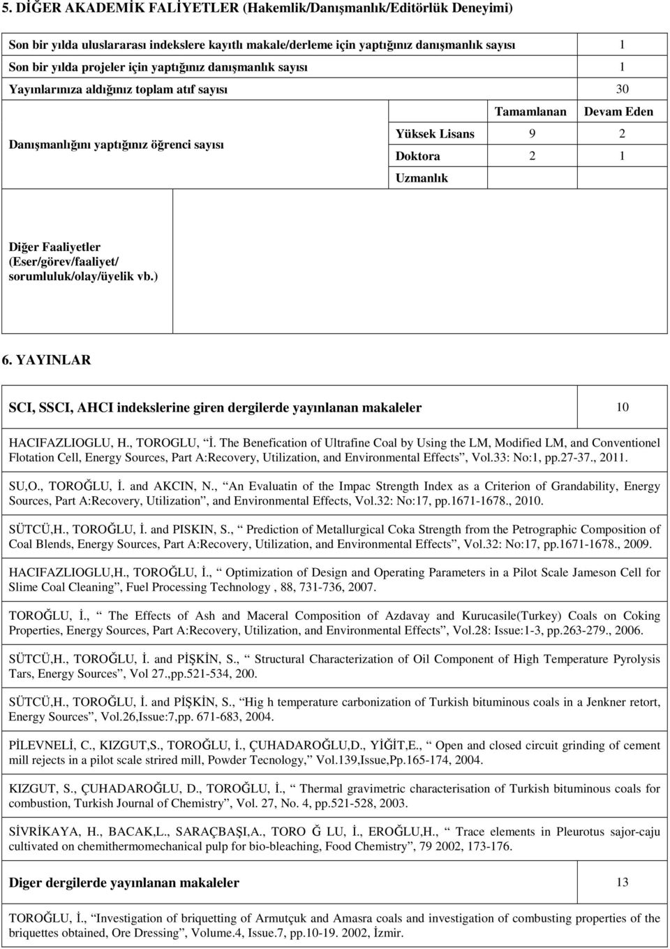 (Eser/görev/faaliyet/ sorumluluk/olay/üyelik vb.) 6. YAYINLAR SCI, SSCI, AHCI indekslerine giren dergilerde yayınlanan makaleler 10 HACIFAZLIOGLU, H., TOROGLU, İ.