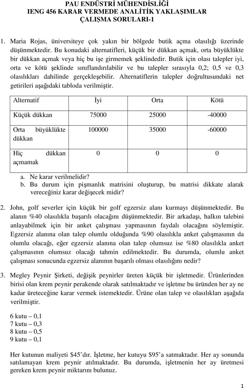 Butik için olası talepler iyi, orta ve kötü şeklinde sınıflandırılabilir ve bu talepler sırasıyla 0,2; 0,5 ve 0,3 olasılıkları dahilinde gerçekleşebilir.