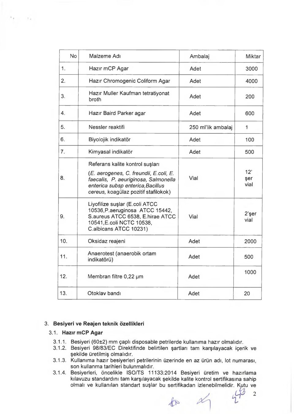 aeuriginosa, Salmonella entérica subsp entérica,bacillus cereus, koagülaz pozitif stafilokok) Vial 12 şer vial 9. Liyofilize suşlar (E.coli ATCC 10536,P.aeruginosa ATCC 15442, S.aureus ATCC 6538, E.