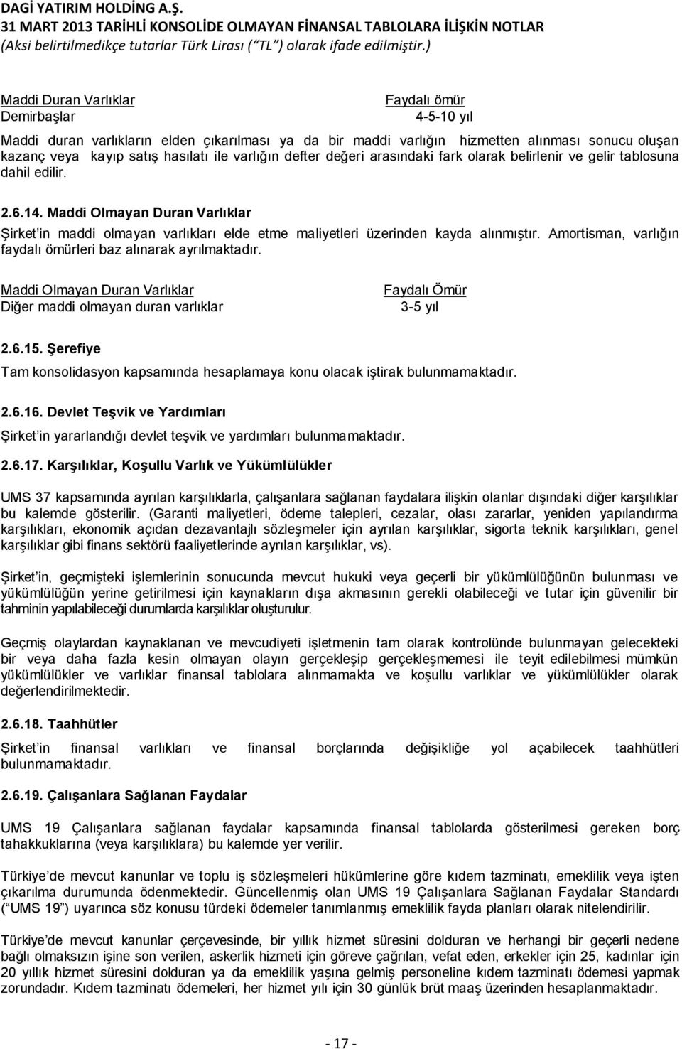 Maddi Olmayan Duran Varlıklar Şirket in maddi olmayan varlıkları elde etme maliyetleri üzerinden kayda alınmıştır. Amortisman, varlığın faydalı ömürleri baz alınarak ayrılmaktadır.