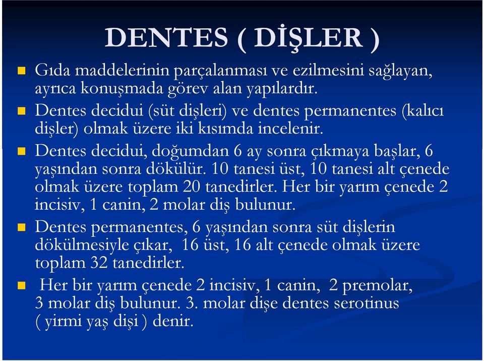 Dentes decidui, doğumdan 6 ay sonra çıkmaya başlar, 6 yaşından sonra dökülür. 10 tanesi üst, 10 tanesi alt çenede olmak üzere toplam 20 tanedirler.