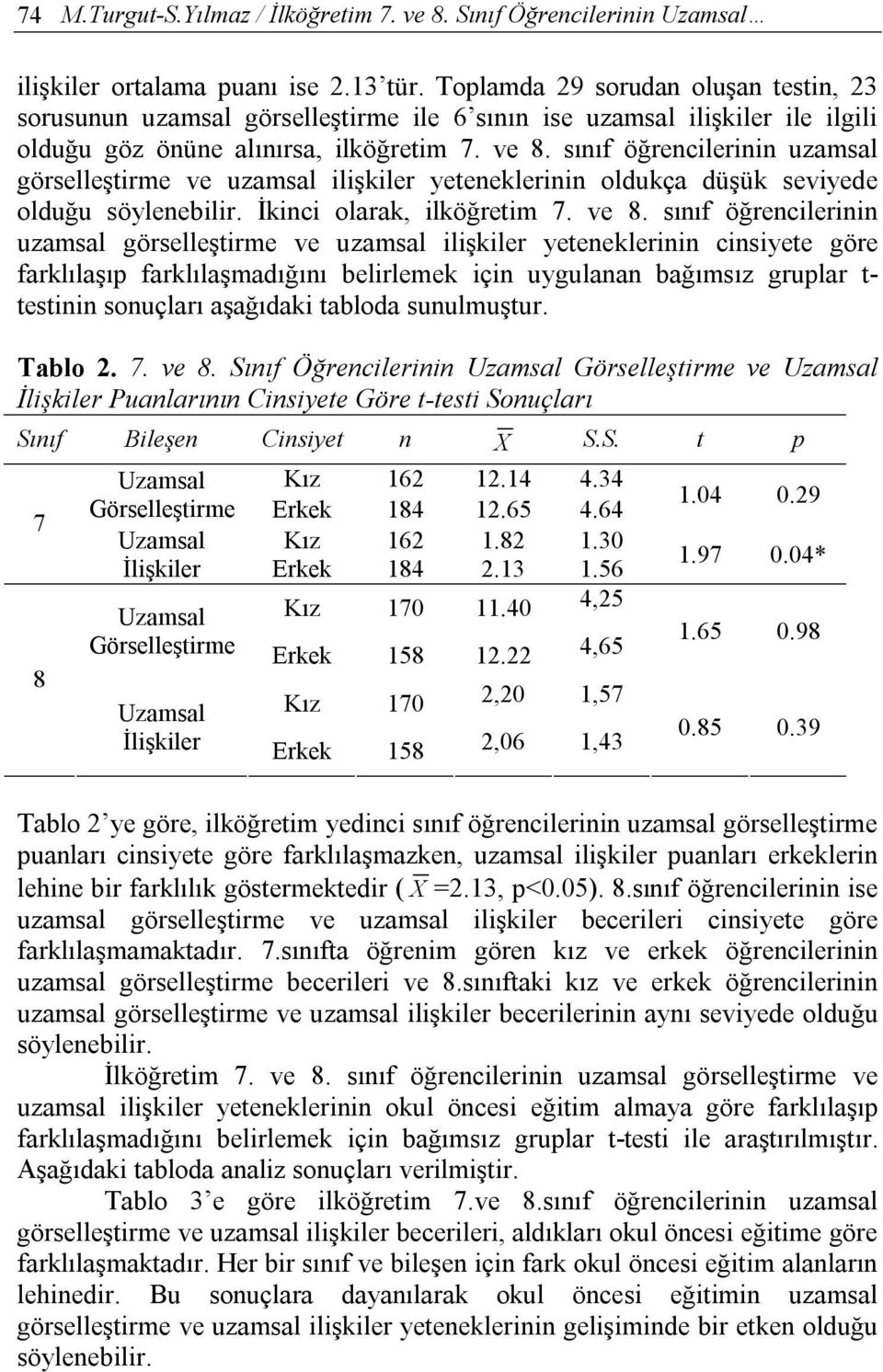 sınıf öğrencilerinin uzamsal görselleştirme ve uzamsal ilişkiler yeteneklerinin oldukça düşük seviyede olduğu söylenebilir. İkinci olarak, ilköğretim 7. ve 8.