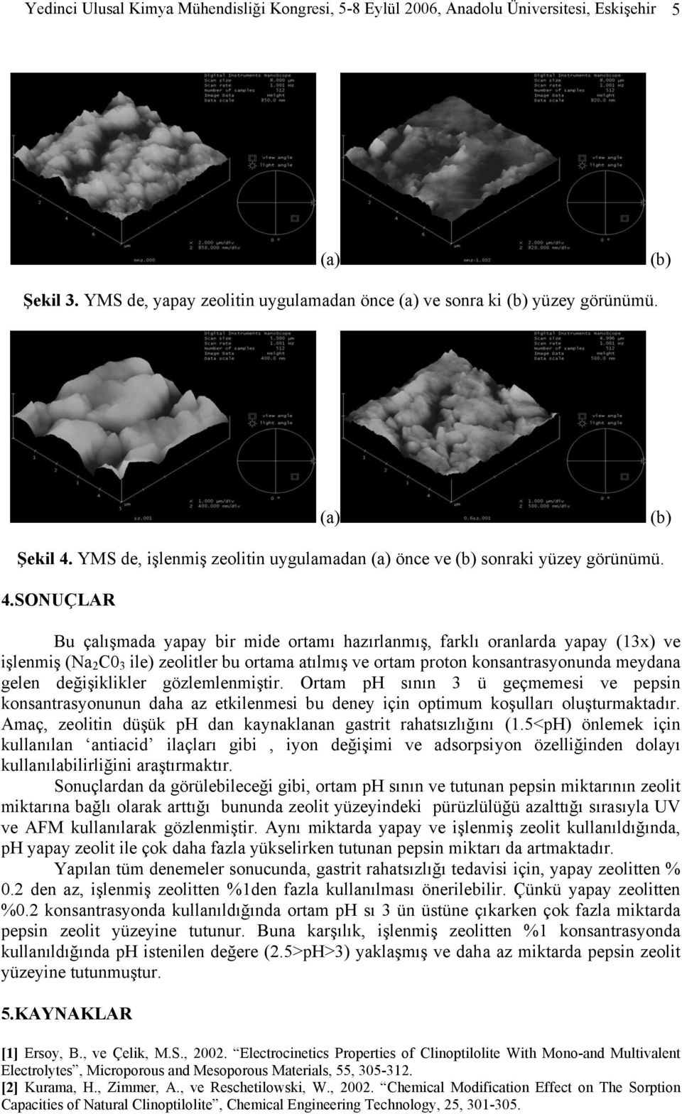 YMS de, işlenmiş zeolitin uygulamadan (a) önce ve (b) sonraki yüzey görünümü. 4.