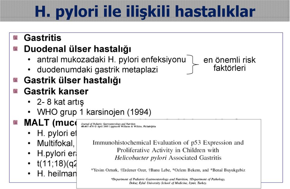 karsinojen (1994) en önemli risk faktörleri MALT (mucosa-associated lymphoid tissue) lenfoma H.