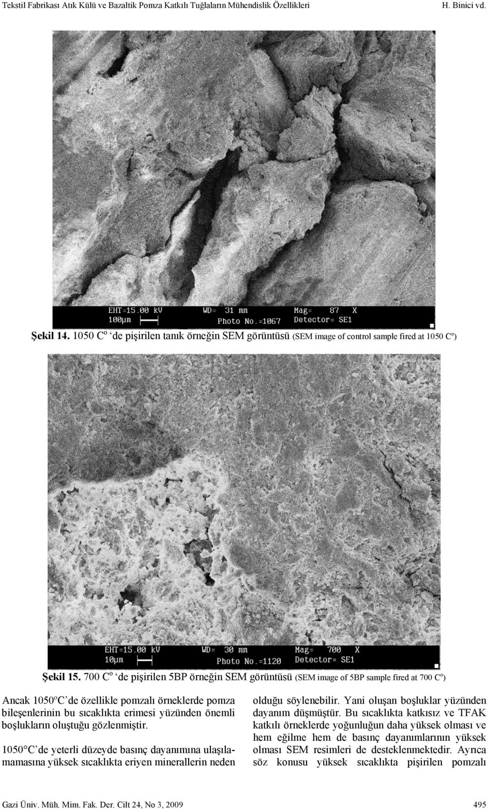 700 Co de pişirilen 5BP örneğin SEM görüntüsü (SEM image of 5BP sample fired at 700 Co) Ancak 1050ºC de özellikle pomzalı örneklerde pomza bileşenlerinin bu sıcaklıkta erimesi yüzünden önemli