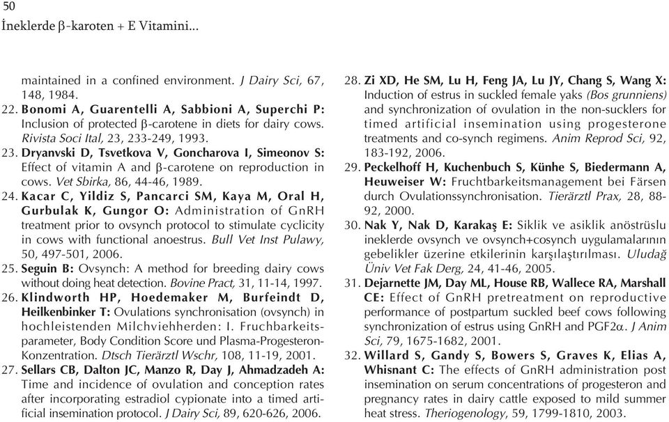 233-249, 1993. 23. Dryanvski D, Tsvetkova V, Goncharova I, Simeonov S: Effect of vitamin A and β-carotene on reproduction in cows. Vet Sbirka, 86, 44-46, 1989. 24.