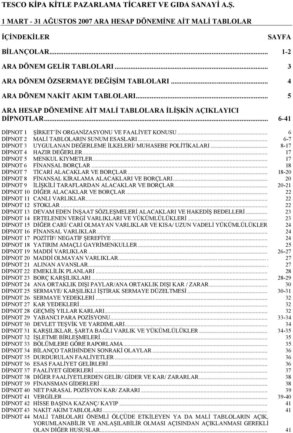 .. 6-7 DİPNOT 3 UYGULANAN DEĞERLEME İLKELERİ/ MUHASEBE POLİTİKALARI... 8-17 DİPNOT 4 HAZIR DEĞERLER... 17 DİPNOT 5 MENKUL KIYMETLER... 17 DİPNOT 6 FİNANSAL BORÇLAR.