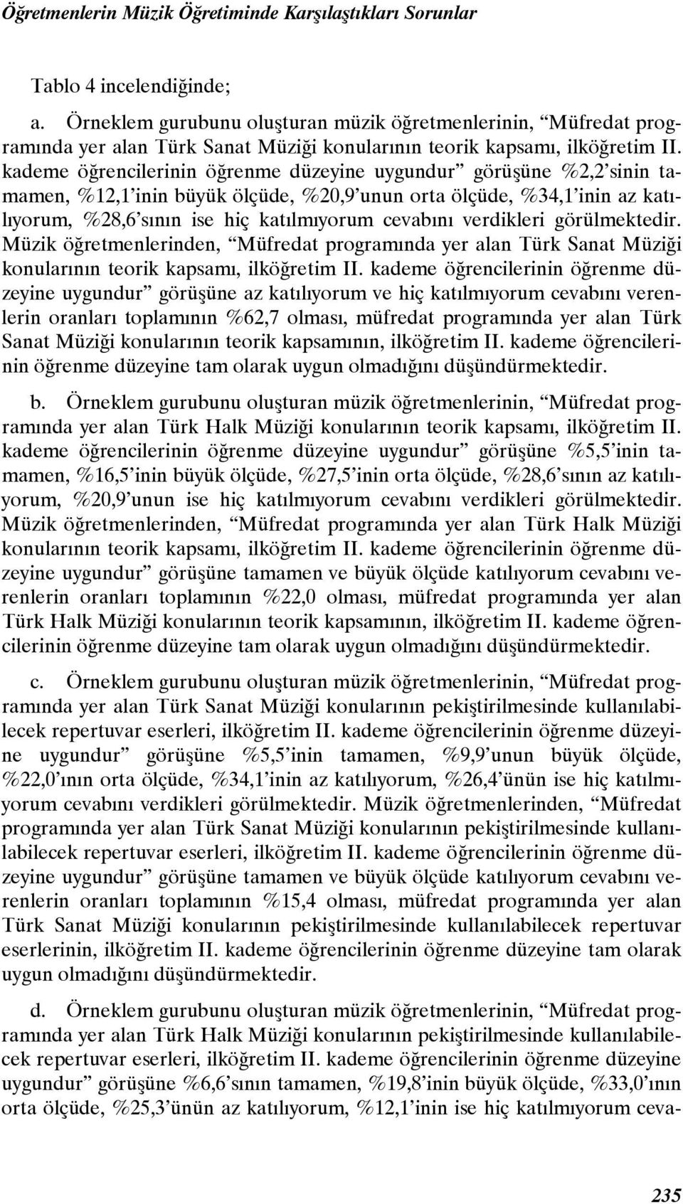 verdikleri görülmektedir. Müzik öğretmenlerinden, Müfredat programında yer alan Türk Sanat Müziği konularının teorik kapsamı, ilköğretim II.