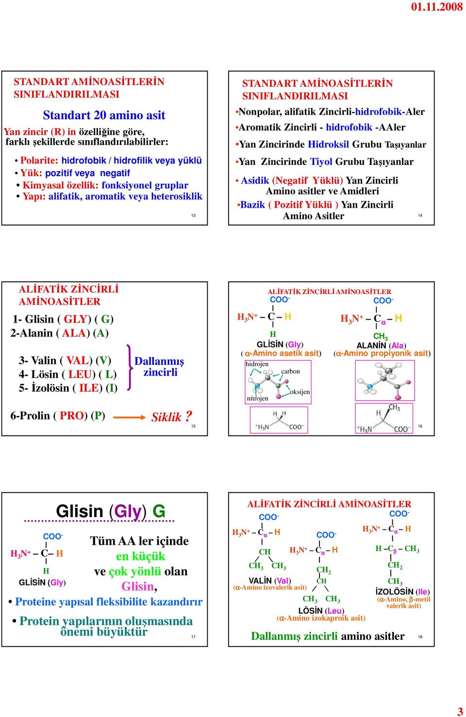 Zincirli - hidrofobik -AAler Yan Zincirinde Hidroksil Grubu Taşıyanlar Yan Zincirinde Tiyol Grubu Taşıyanlar Asidik (Negatif Yüklü) Yan Zincirli Amino asitler ve Amidleri Bazik ( Pozitif Yüklü ) Yan