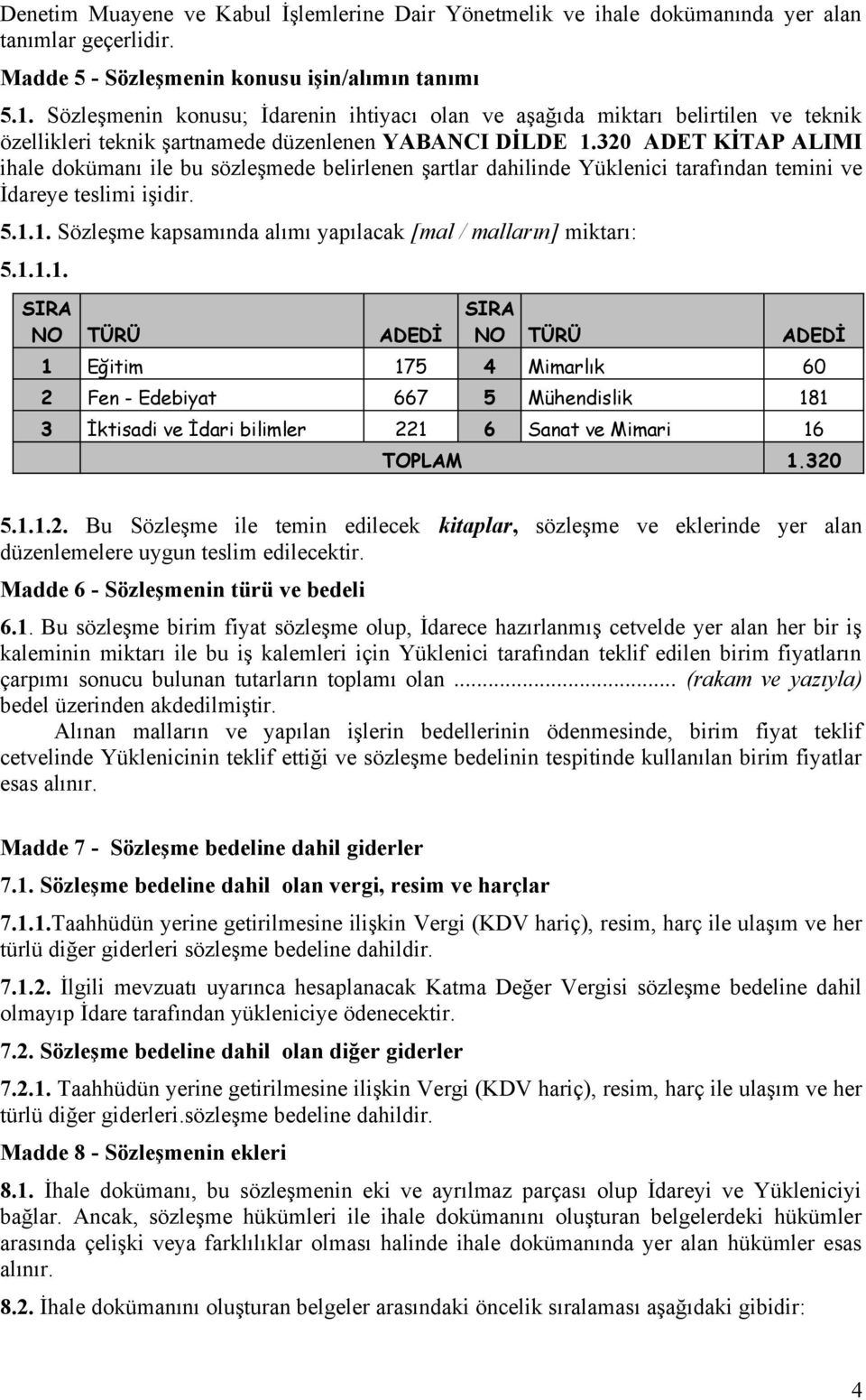 320 ADET KİTAP ALIMI ihale dokümanı ile bu sözleşmede belirlenen şartlar dahilinde Yüklenici tarafından temini ve İdareye teslimi işidir. 5.1.