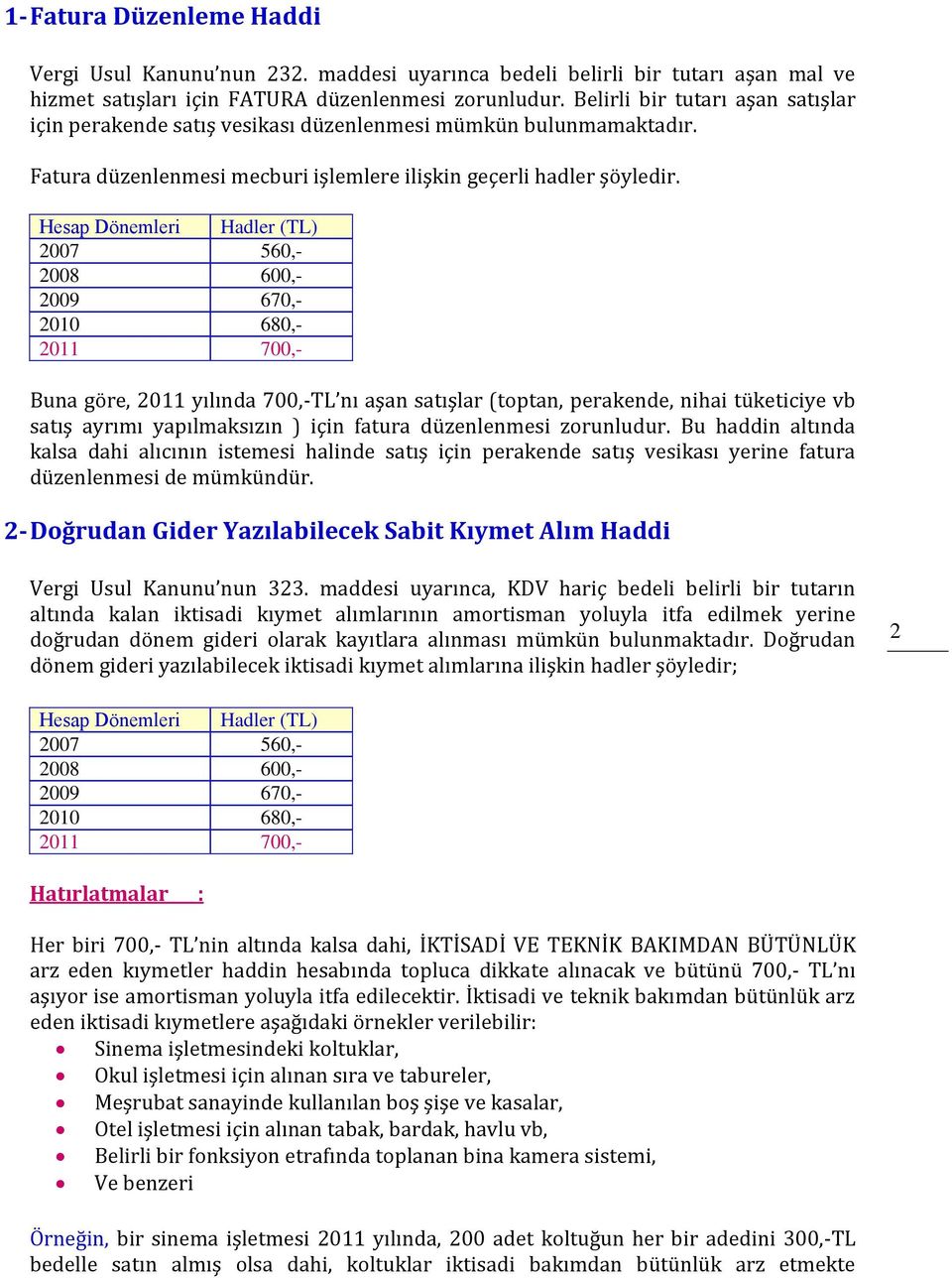 Hesap Dönemleri Hadler (TL) 2007 560,- 2008 600,- 2009 670,- 2010 680,- 2011 700,- Buna göre, 2011 yılında 700,-TL nı aşan satışlar (toptan, perakende, nihai tüketiciye vb satış ayrımı yapılmaksızın