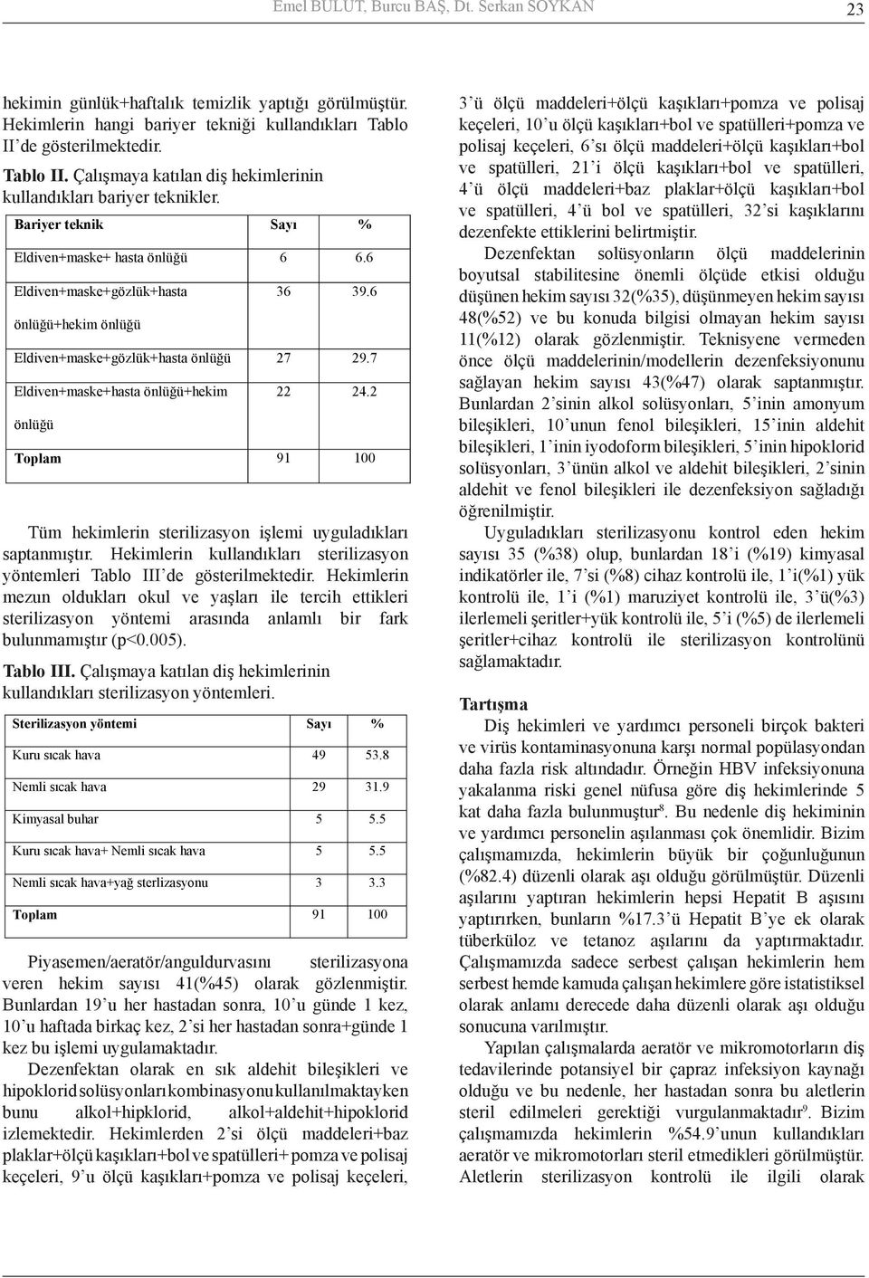 de gösterilmektedir. Tablo II. Çalışmaya katılan diş hekimlerinin kullandıkları bariyer teknikler. 50-59 3 3.3 Bariyer teknik Sayı % 59+ 1 1.1 Eldiven+maske+ hasta önlüğü 6 6.