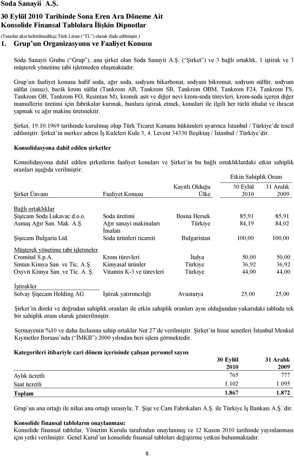 Grup un faaliyet konusu hafif soda, ağır soda, sodyum bikarbonat, sodyum bikromat, sodyum sülfür, sodyum sülfat (susuz), bazik krom sülfat (Tankrom AB, Tankrom SB, Tankrom OBM, Tankrom F24, Tankrom